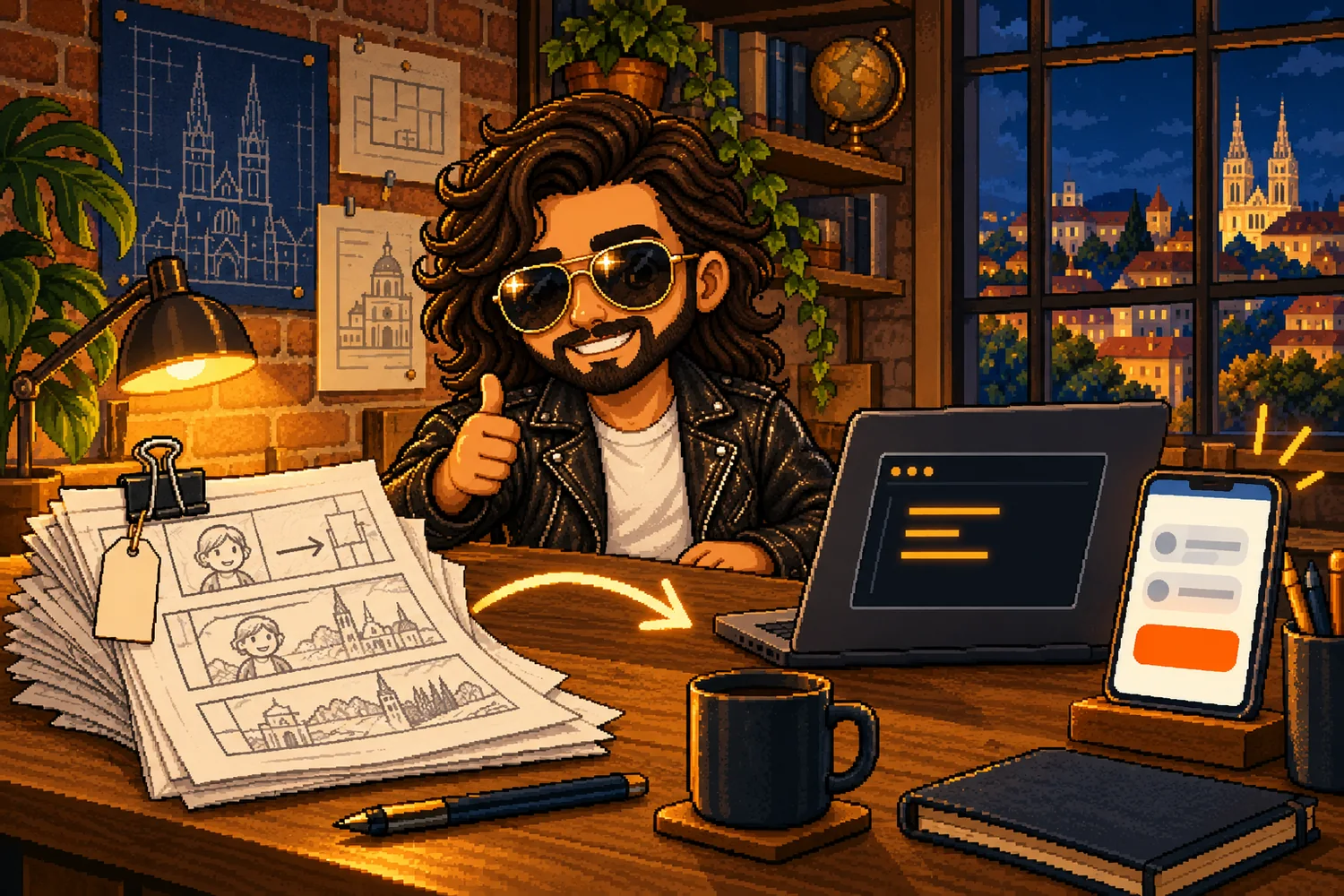 Las hojas del storyboard, abrochadas, van a la compu y sale la app en el celular; Martín levanta el pulgar.